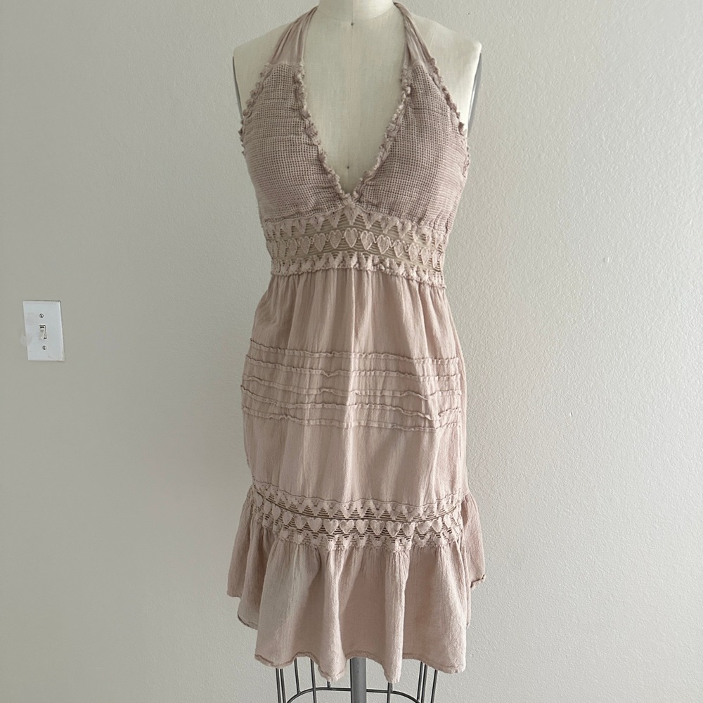 Sea Spice Halter Dress M Beige Peruvian Cotton Crochet Boho Resort Wear